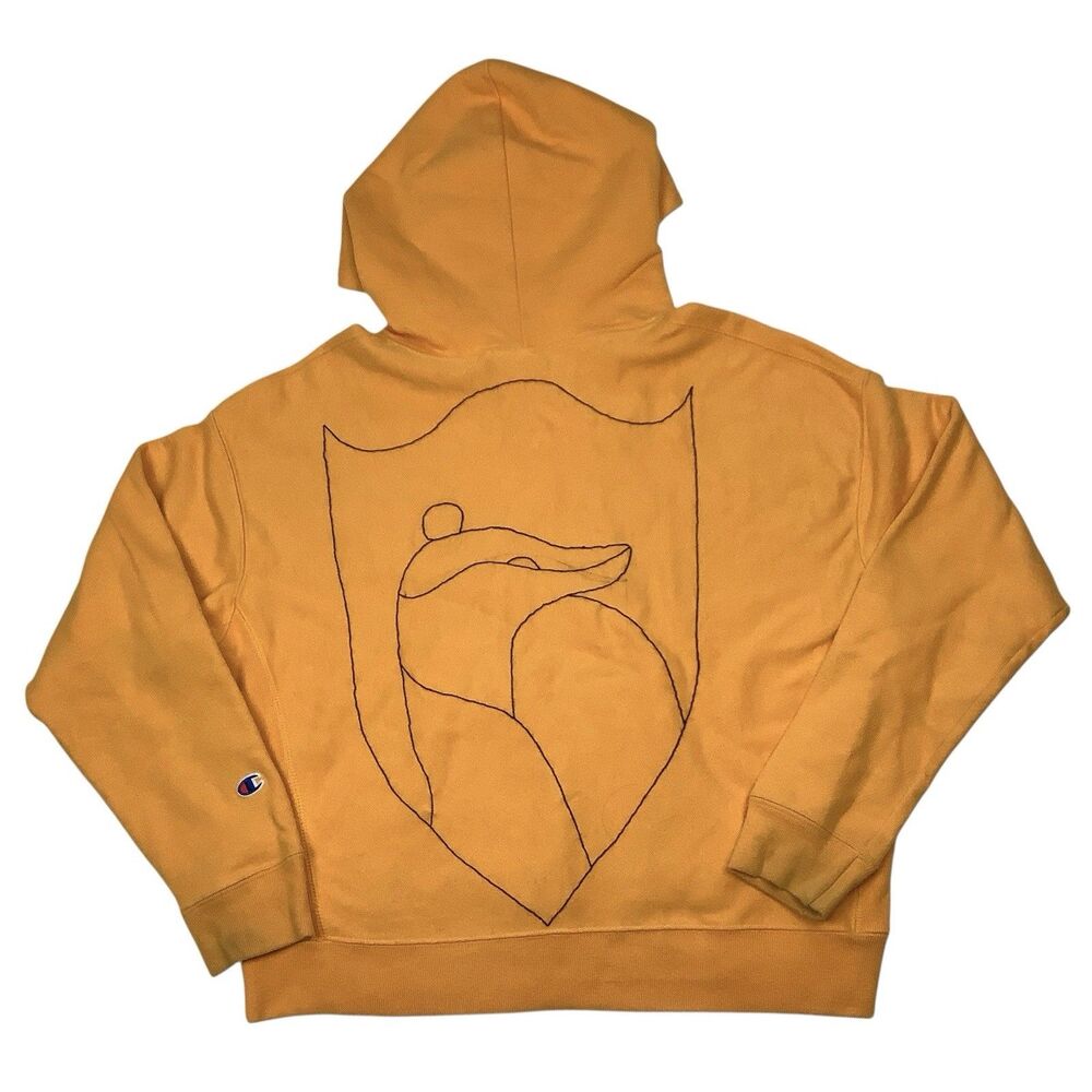 Champion Reverse Weave Embroidered Hoodie Pullover Yellow Men Women XL Y2K Vtg